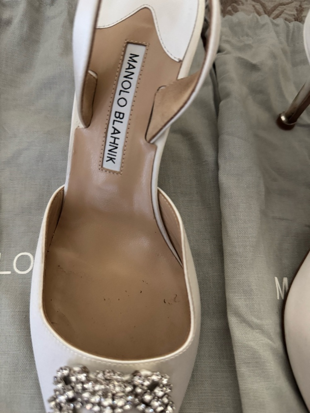 Manolo Blahnik White Satin Crystal-Embellished Slingback Pumps - Picture 4 of 13
